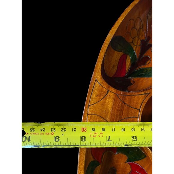 VTG MCM Hand-Carved Exotic Wood Divided Serving Bowl W/ Hand-Painted Floral Desi - Picture 11 of 13